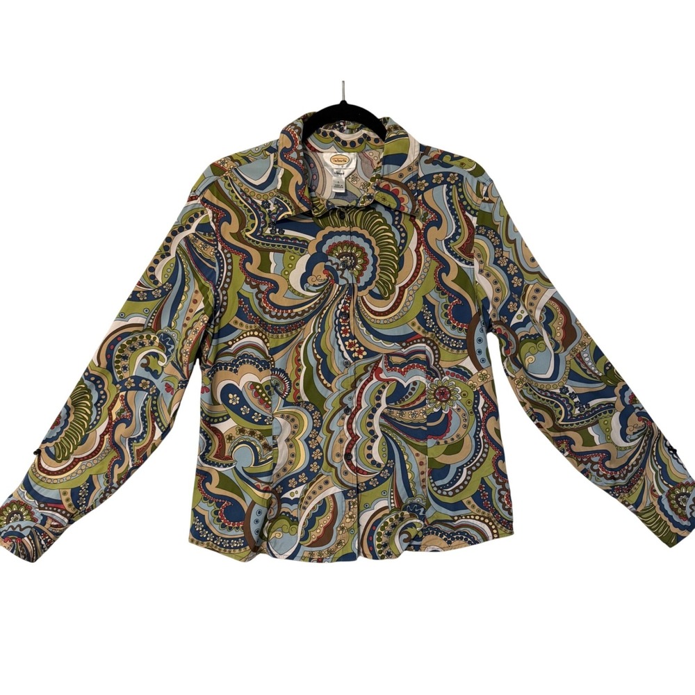 Talbots Button Down Shirt Womens L Multi Paisley Stretch Retro Boho Psychedelic